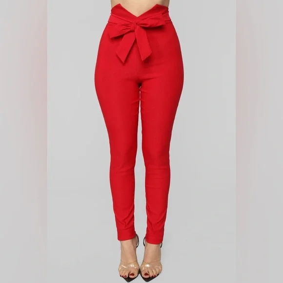 Fashion Nova Red Skinny Pants with Bow Detail - Picture 3 of 10